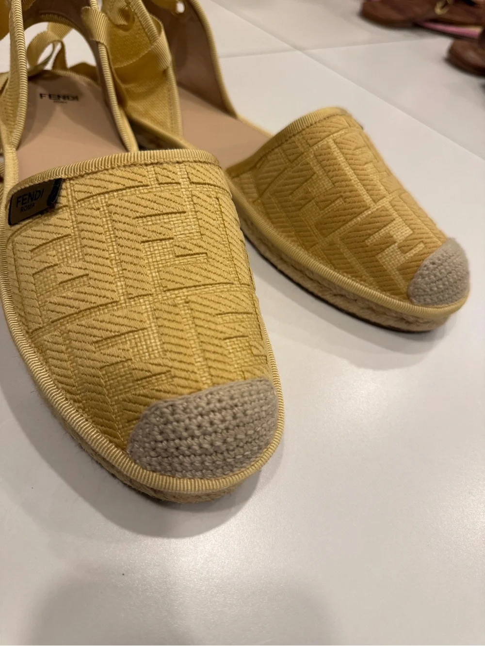 Fendi women Canary Yellow Embroidered Espadrille Sandals with Ankle Ties